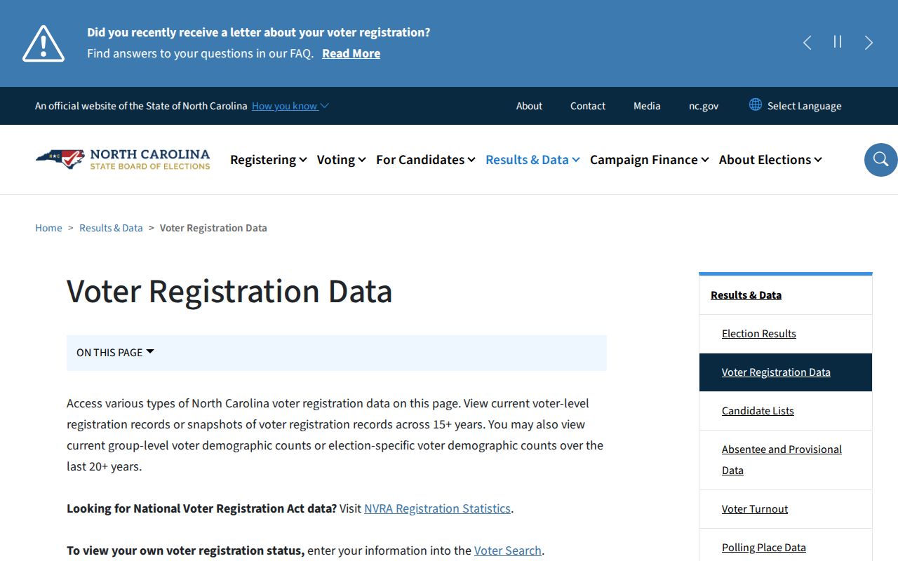 Sanford resident lookup view of North Carolina voter registration data options