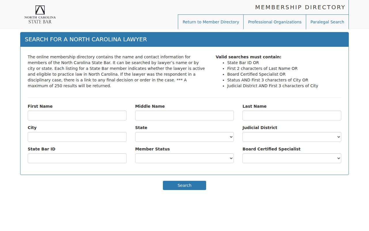 Sanford resident lookup reference to North Carolina State Bar directory search fields